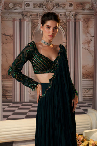 Elysian bottle green drape sari and blouse