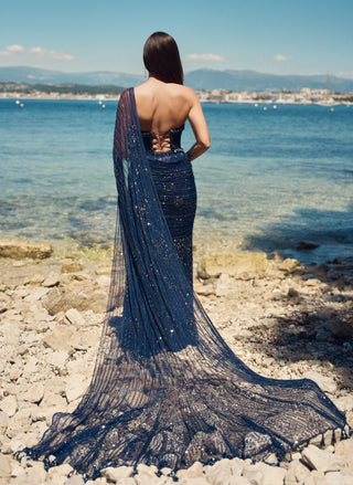 Midnight crystal pre-draped sari with blouse