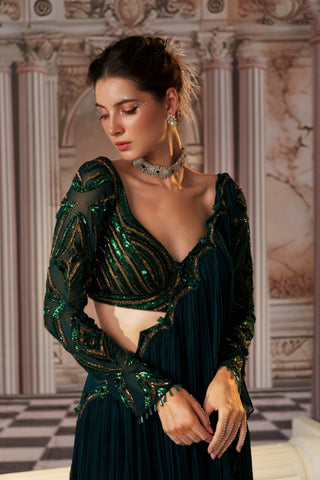 Elysian bottle green drape sari and blouse