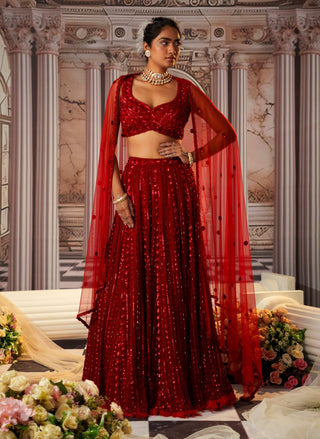 Goddess Red Lehenga Set by Nidhika Shekhar available on Indiaspopup.com