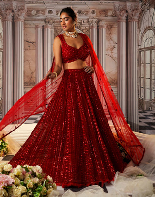 Goddess Red Lehenga Set by Nidhika Shekhar available on Indiaspopup.com