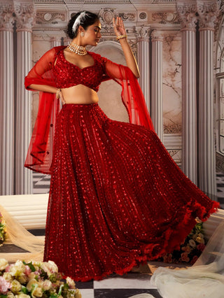 Goddess Red Lehenga Set by Nidhika Shekhar available on Indiaspopup.com