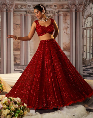 Goddess Red Lehenga Set by Nidhika Shekhar available on Indiaspopup.com