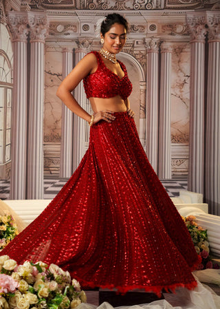 Goddess Red Lehenga Set by Nidhika Shekhar available on Indiaspopup.com