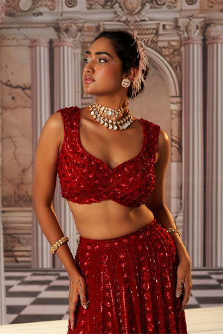 Goddess Red Lehenga Set by Nidhika Shekhar available on Indiaspopup.com