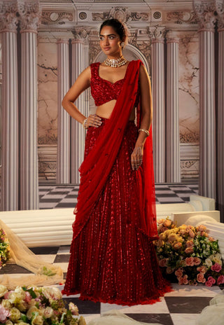 Goddess Red Lehenga Set by Nidhika Shekhar available on Indiaspopup.com