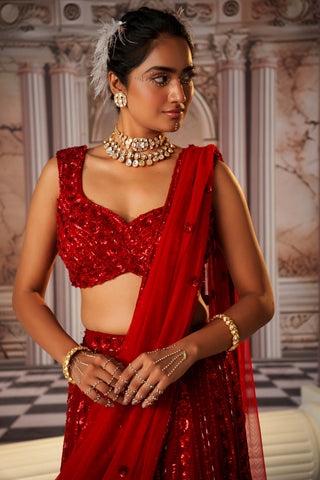 Goddess Red Lehenga Set by Nidhika Shekhar available on Indiaspopup.com