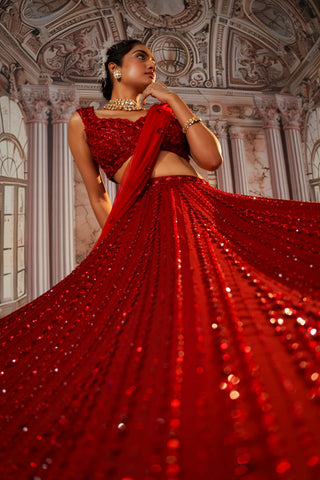 Goddess Red Lehenga Set by Nidhika Shekhar available on Indiaspopup.com