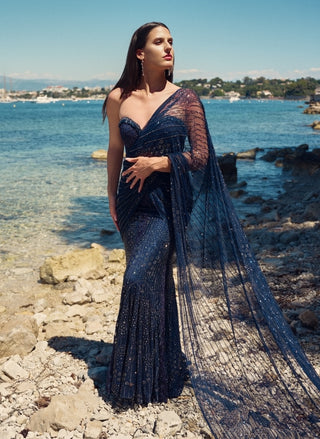 Midnight crystal pre-draped sari with blouse