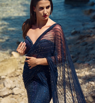 Midnight crystal pre-draped sari with blouse