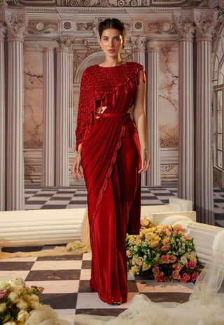 Venus red embroidered sari set