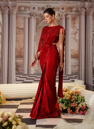 Venus red embroidered sari set