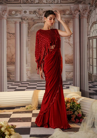 Venus red embroidered sari set