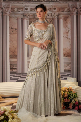 Angelic Silver Sari Skirt And Blouse by Nidhika Shekhar available on Indiaspopup.com