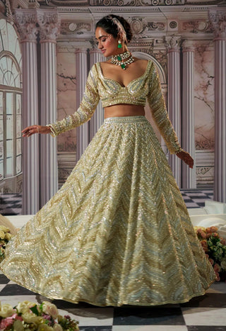 Aphrodite Goddess Golden Lehenga Set by Nidhika Shekhar available on Indiaspopup.com