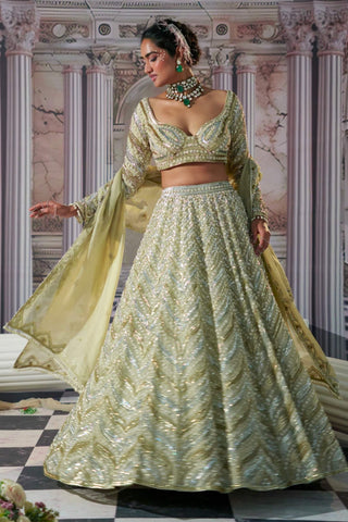 Aphrodite Goddess Golden Lehenga Set by Nidhika Shekhar available on Indiaspopup.com