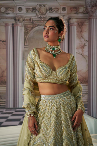 Aphrodite Goddess Golden Lehenga Set by Nidhika Shekhar available on Indiaspopup.com