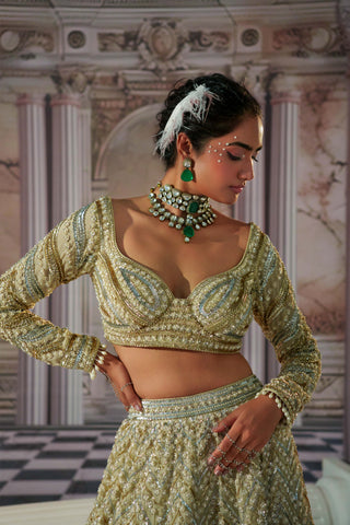 Aphrodite Goddess Golden Lehenga Set by Nidhika Shekhar available on Indiaspopup.com