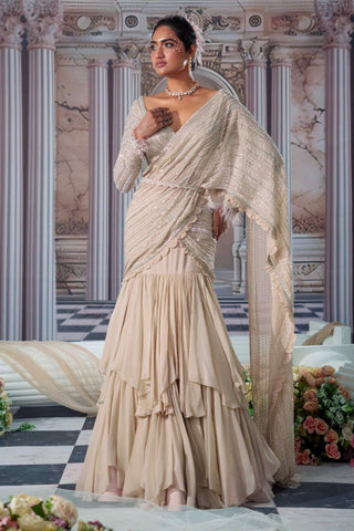 Elysian Nude Embroidered Sari Set by Nidhika Shekhar available on Indiaspopup.com