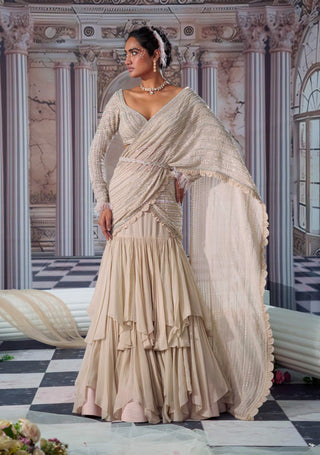 Elysian Nude Embroidered Sari Set by Nidhika Shekhar available on Indiaspopup.com