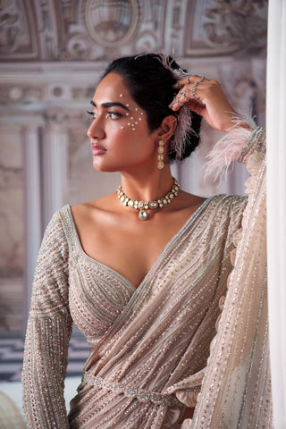 Elysian Nude Embroidered Sari Set by Nidhika Shekhar available on Indiaspopup.com