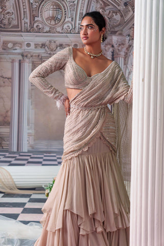 Elysian Nude Embroidered Sari Set by Nidhika Shekhar available on Indiaspopup.com