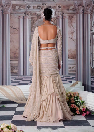 Elysian Nude Embroidered Sari Set by Nidhika Shekhar available on Indiaspopup.com