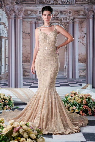 Aphrodite Champagne Fishcut Gown by Nidhika Shekhar available on Indiaspopup.com