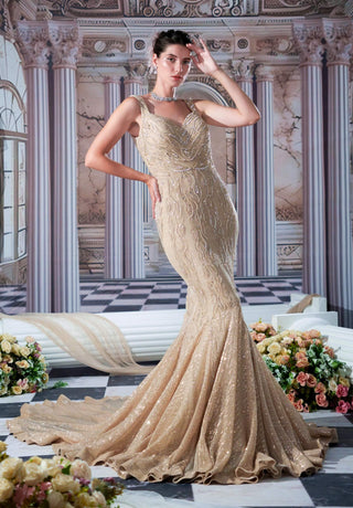 Aphrodite Champagne Fishcut Gown by Nidhika Shekhar available on Indiaspopup.com