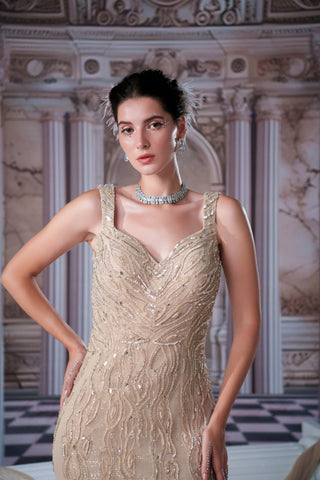 Aphrodite Champagne Fishcut Gown by Nidhika Shekhar available on Indiaspopup.com