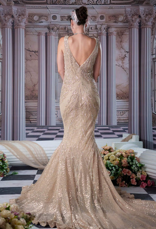 Aphrodite Champagne Fishcut Gown by Nidhika Shekhar available on Indiaspopup.com