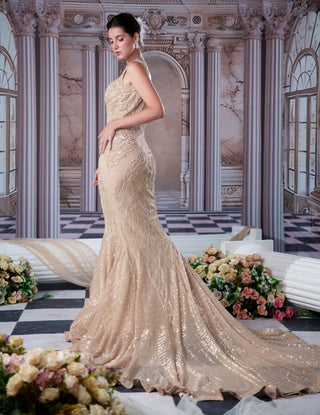 Aphrodite Champagne Fishcut Gown by Nidhika Shekhar available on Indiaspopup.com