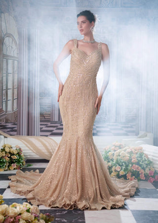 Aphrodite Champagne Fishcut Gown by Nidhika Shekhar available on Indiaspopup.com