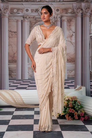 Super Aphrodite Champagne Pre-Draped Sari Set by Nidhika Shekhar available on Indiaspopup.com