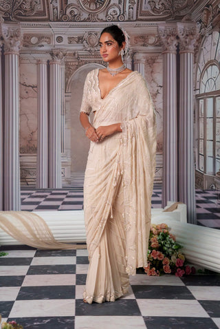 Super Aphrodite Champagne Pre-Draped Sari Set by Nidhika Shekhar available on Indiaspopup.com