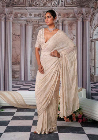 Super Aphrodite Champagne Pre-Draped Sari Set by Nidhika Shekhar available on Indiaspopup.com