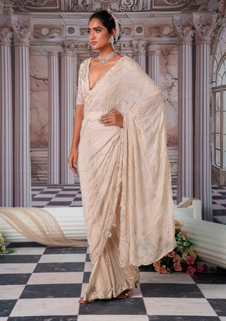 Super Aphrodite Champagne Pre-Draped Sari Set by Nidhika Shekhar available on Indiaspopup.com