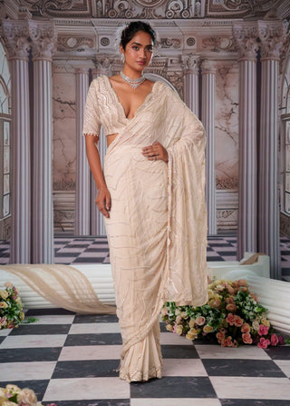 Super Aphrodite Champagne Pre-Draped Sari Set by Nidhika Shekhar available on Indiaspopup.com