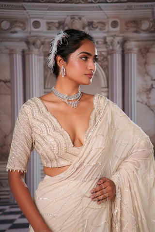 Super Aphrodite Champagne Pre-Draped Sari Set by Nidhika Shekhar available on Indiaspopup.com