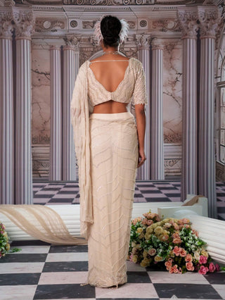 Super Aphrodite Champagne Pre-Draped Sari Set by Nidhika Shekhar available on Indiaspopup.com