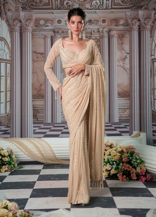 Celestial Champagne Drape Sari And Blouse by Nidhika Shekhar available on Indiaspopup.com