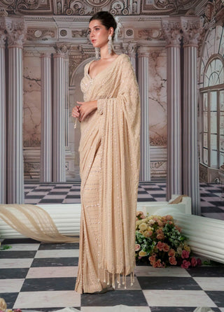 Celestial Champagne Drape Sari And Blouse by Nidhika Shekhar available on Indiaspopup.com