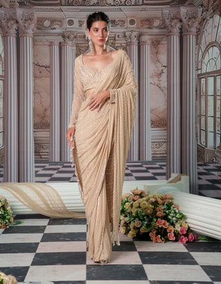 Celestial Champagne Drape Sari And Blouse by Nidhika Shekhar available on Indiaspopup.com