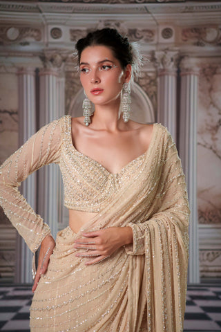 Celestial Champagne Drape Sari And Blouse by Nidhika Shekhar available on Indiaspopup.com