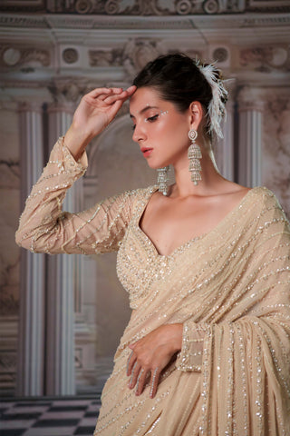 Celestial Champagne Drape Sari And Blouse by Nidhika Shekhar available on Indiaspopup.com