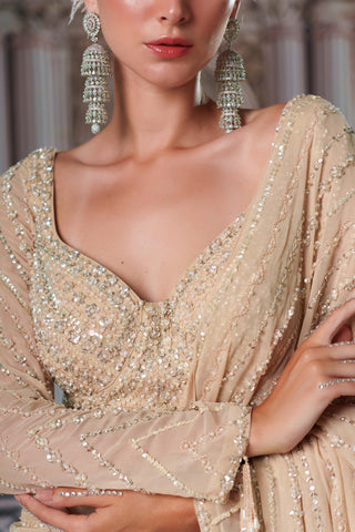 Celestial Champagne Drape Sari And Blouse by Nidhika Shekhar available on Indiaspopup.com