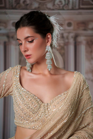 Celestial Champagne Drape Sari And Blouse by Nidhika Shekhar available on Indiaspopup.com