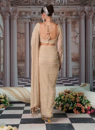 Celestial Champagne Drape Sari And Blouse by Nidhika Shekhar available on Indiaspopup.com