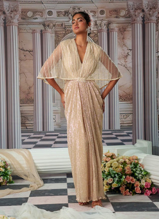 Aphrodite Champagne Shimmer Gown by Nidhika Shekhar available on Indiaspopup.com