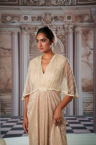 Aphrodite Champagne Shimmer Gown by Nidhika Shekhar available on Indiaspopup.com